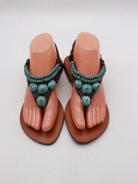 Mystique Boutique Embelished Thong Sandals Women's 6 Leather Turquoise Stones